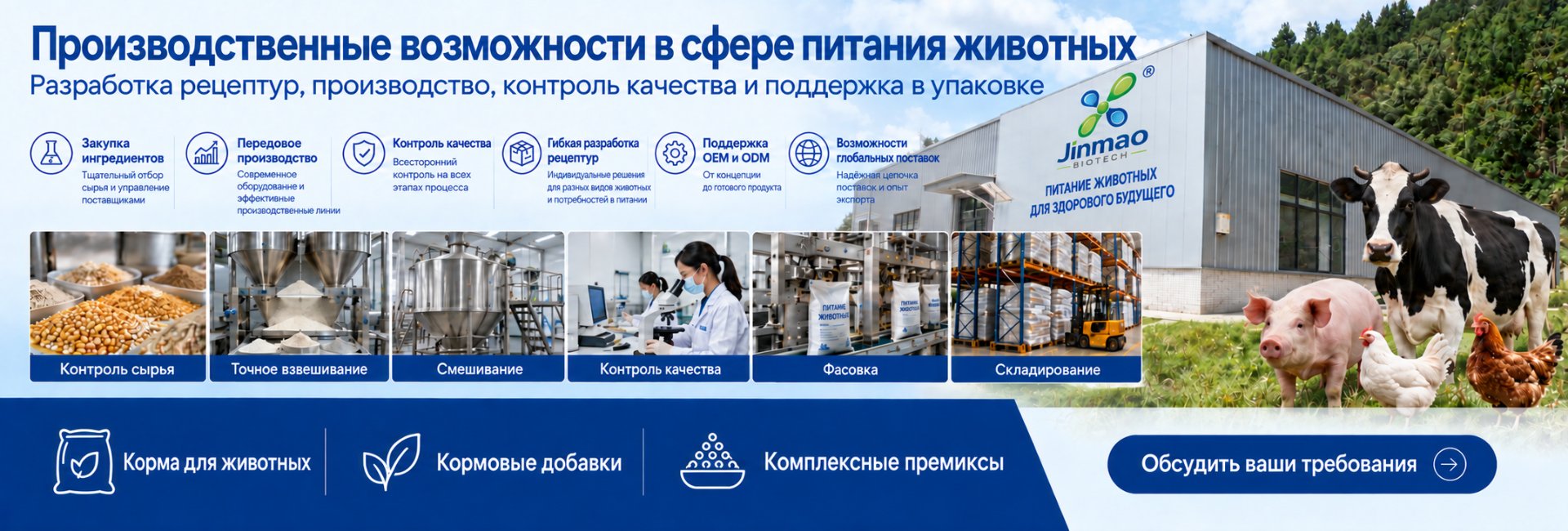Производственные возможности в сфере питания животных: контроль сырья, смешивание, контроль качества, фасовка